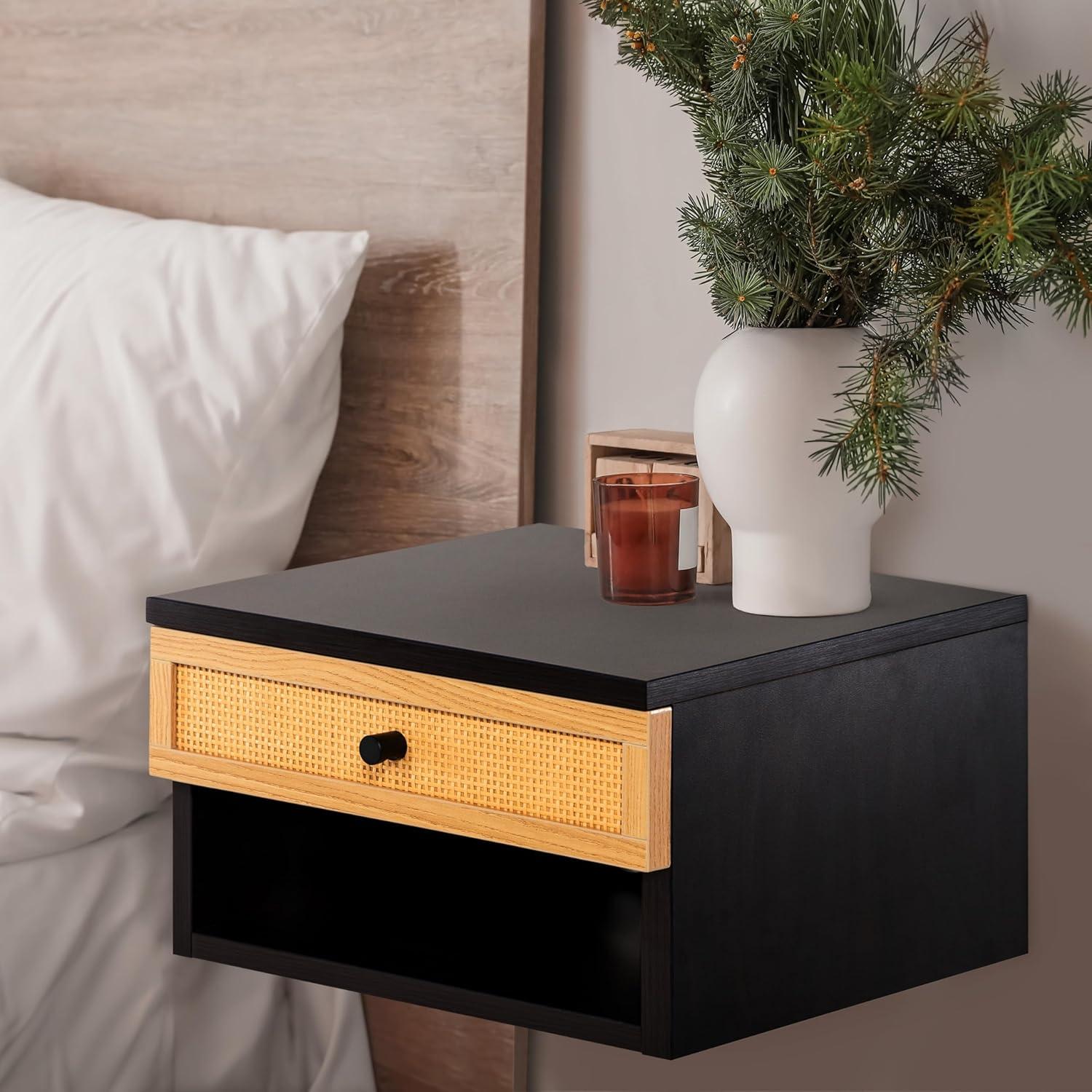 image:imageJONATHAN Y Ettore 1571 MidCentury Modern Floating Wall Mounted Nightstand with SoftClose Drawer and Cable Hole Dark Brown Set of 2 NST2002ASET2BlackLight Oak