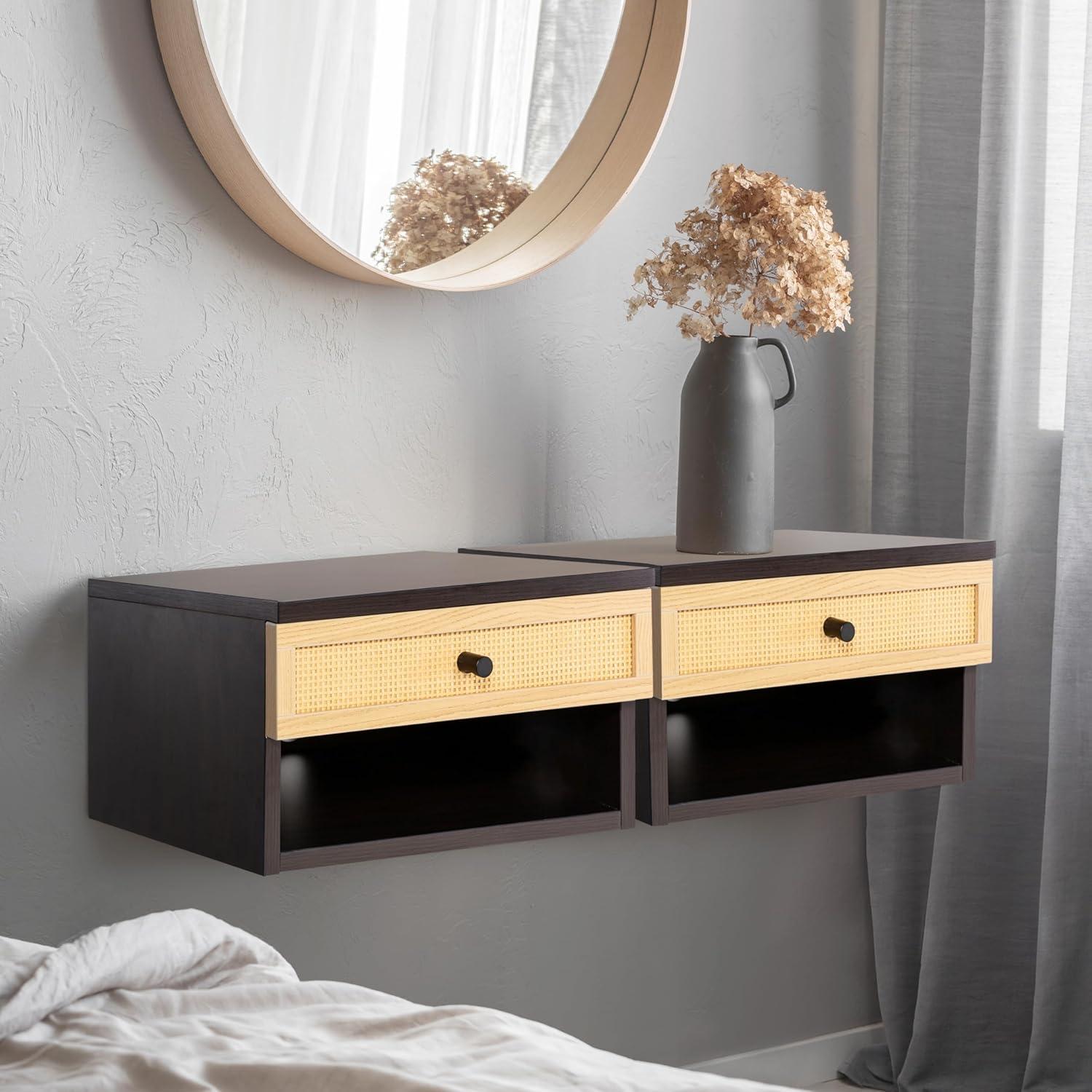 image:imageJONATHAN Y Ettore 1571 MidCentury Modern Floating Wall Mounted Nightstand with SoftClose Drawer and Cable Hole Dark Brown Set of 2 NST2002ASET2BlackLight Oak