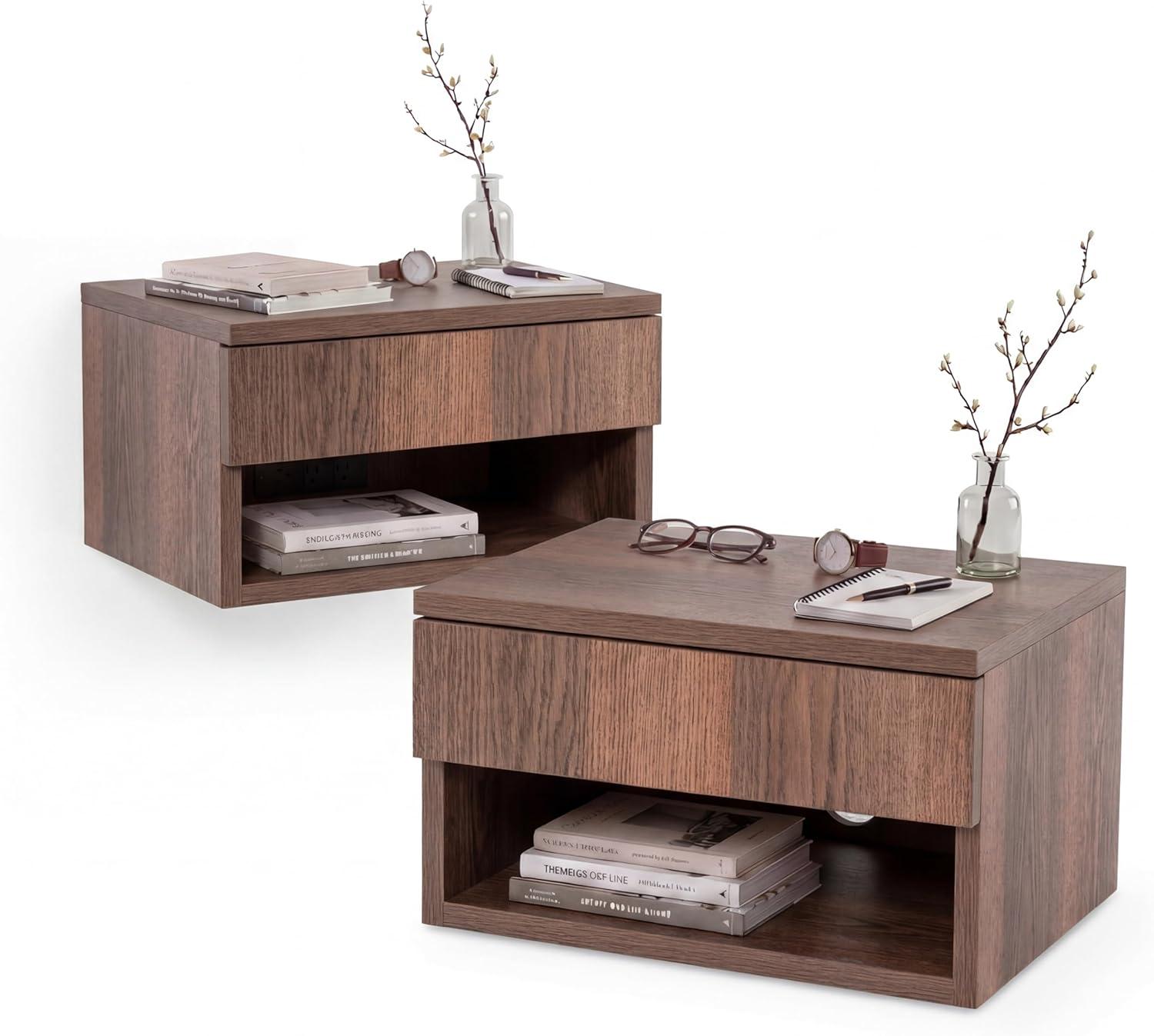 image:imageJONATHAN Y Ettore 1571 MidCentury Modern Floating Wall Mounted Nightstand with SoftClose Drawer and Cable Hole Dark Brown Set of 2 NST2002ASET2Dark Brown