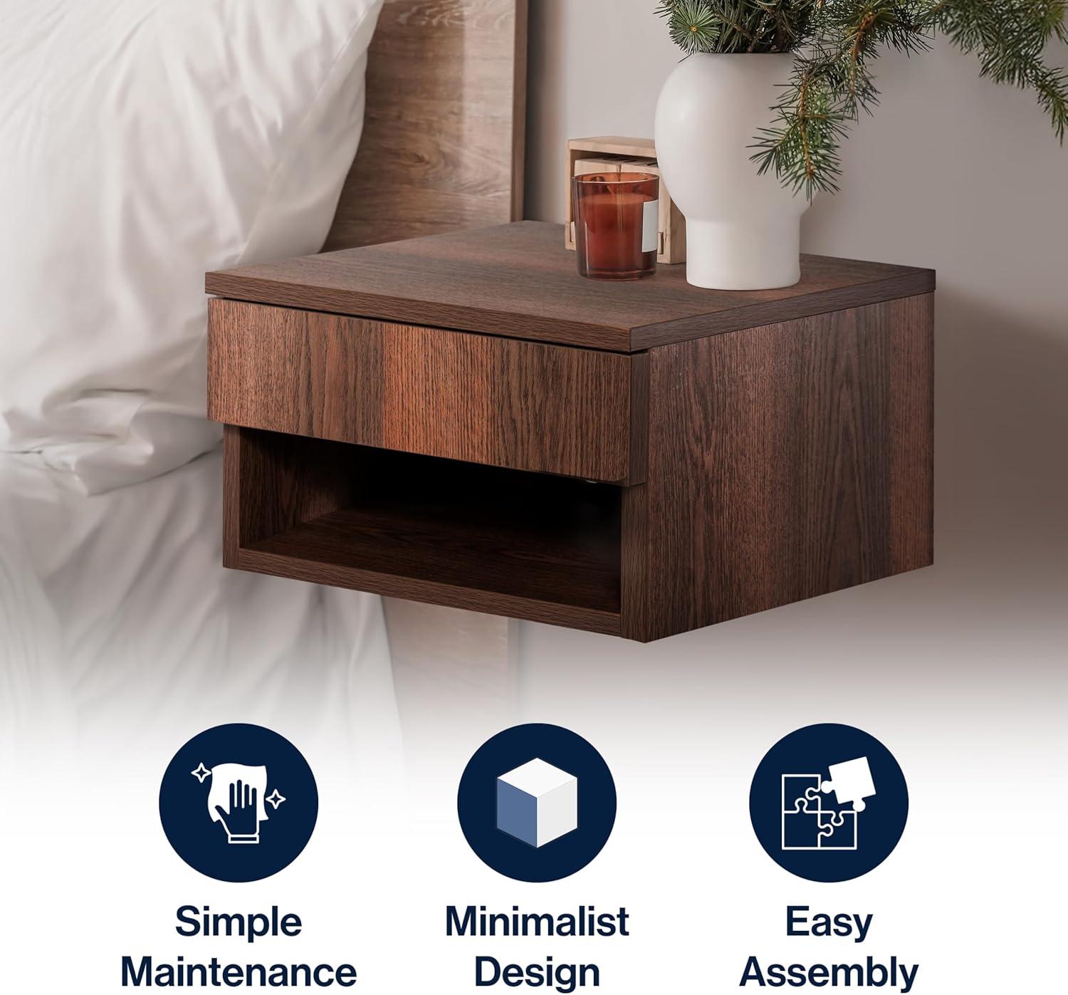 image:imageJONATHAN Y Ettore 1571 MidCentury Modern Floating Wall Mounted Nightstand with SoftClose Drawer and Cable Hole Dark Brown Set of 2 NST2002ASET2Dark Brown