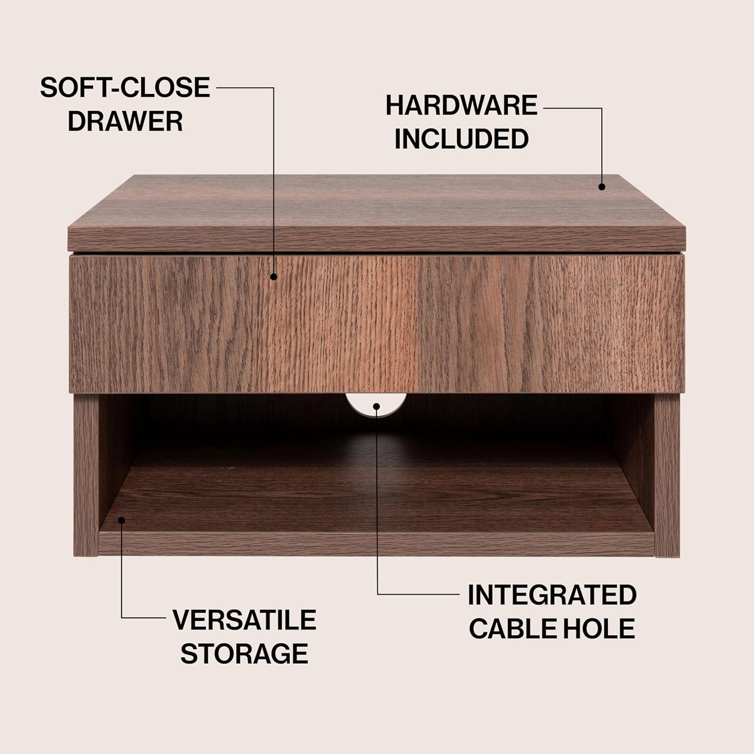 image:imageJONATHAN Y Ettore 1571 MidCentury Modern Floating Wall Mounted Nightstand with SoftClose Drawer and Cable Hole Dark Brown Set of 2 NST2002ASET2Dark Brown