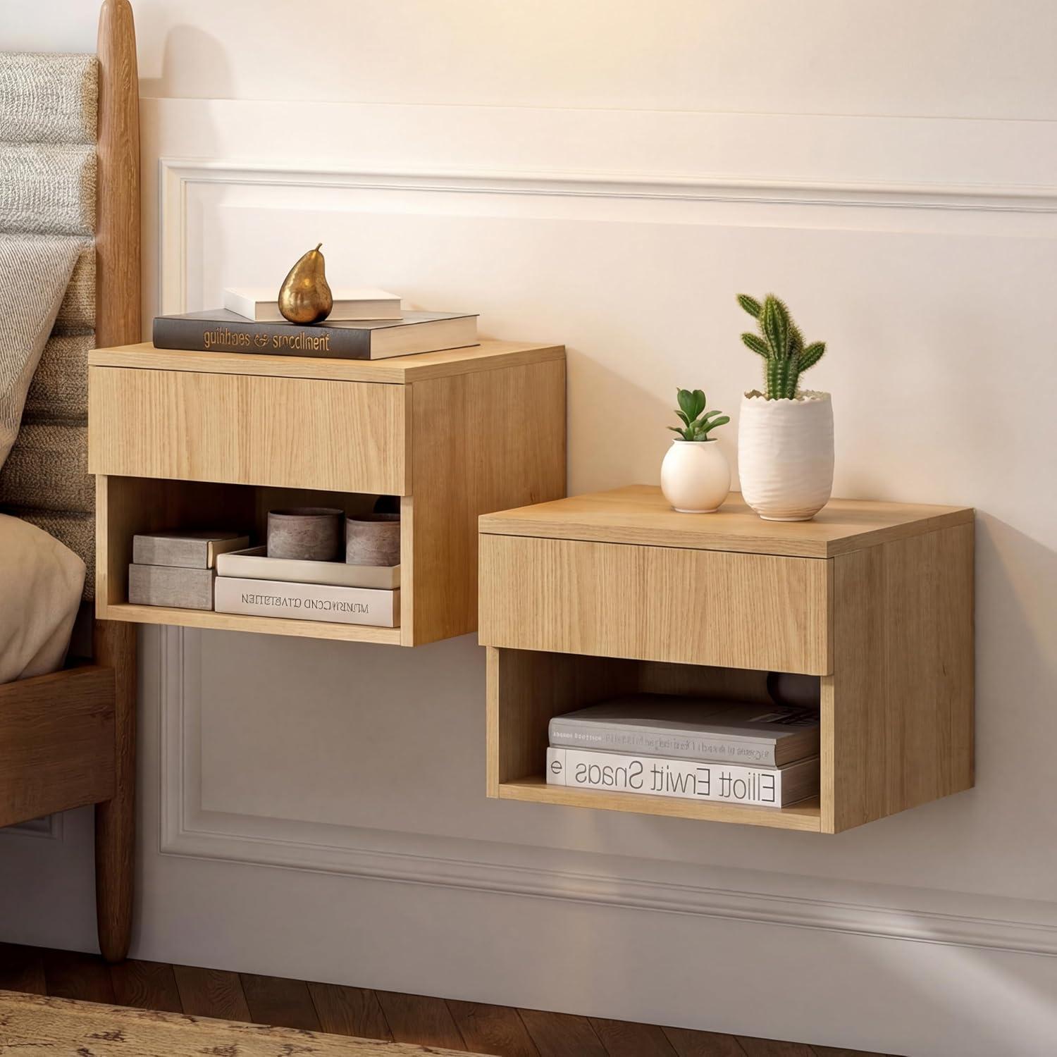 image:imageJONATHAN Y Ettore 1571 MidCentury Modern Floating Wall Mounted Nightstand with SoftClose Drawer and Cable Hole Dark Brown Set of 2 NST2002ASET2Light Oak