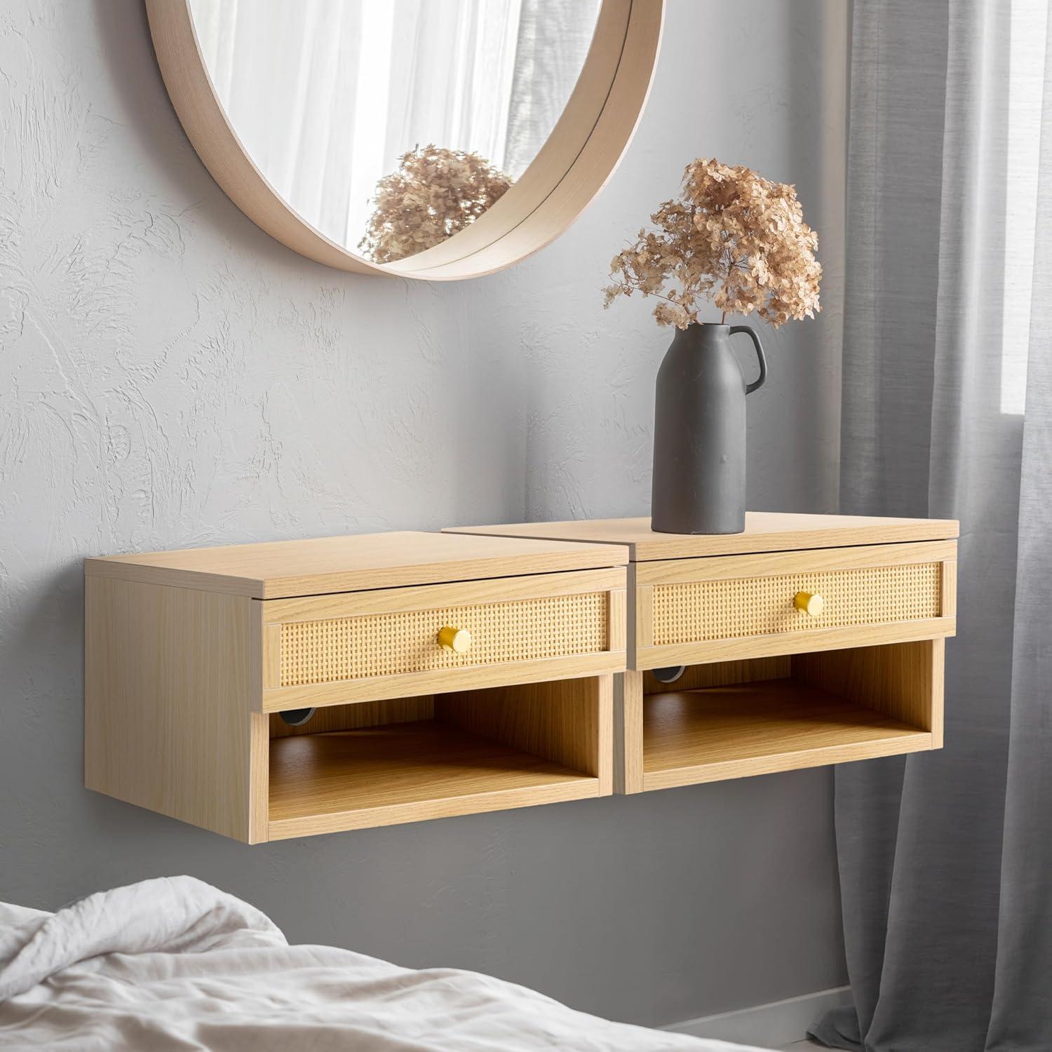 image:imageJONATHAN Y Ettore 1571 MidCentury Modern Floating Wall Mounted Nightstand with SoftClose Drawer and Cable Hole Dark Brown Set of 2 NST2002ASET2Light Oak
