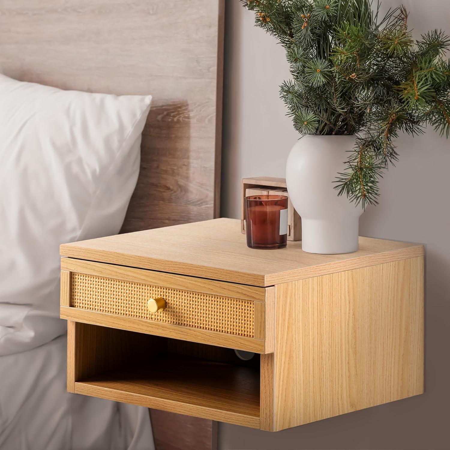 image:imageJONATHAN Y Ettore 1571 MidCentury Modern Floating Wall Mounted Nightstand with SoftClose Drawer and Cable Hole Dark Brown Set of 2 NST2002ASET2Light Oak