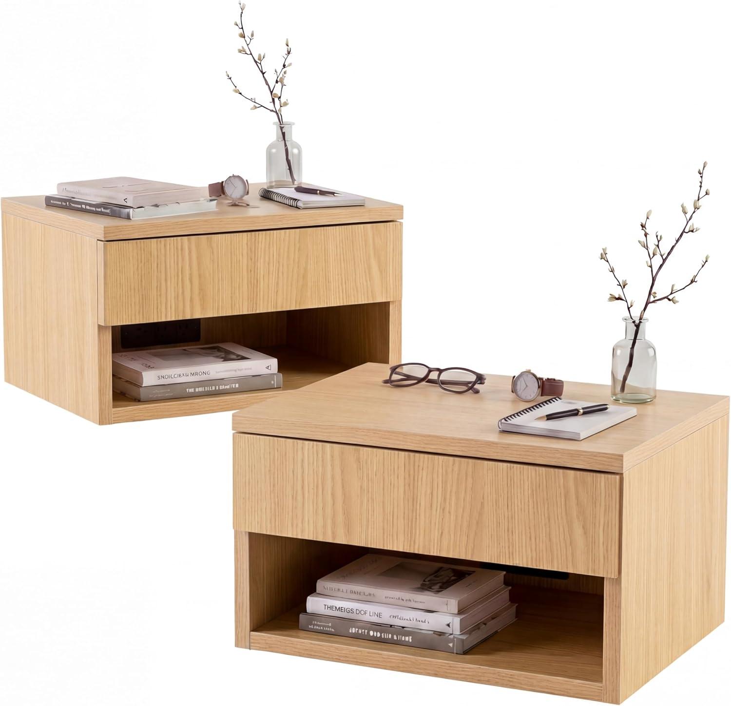 image:imageJONATHAN Y Ettore 1571 MidCentury Modern Floating Wall Mounted Nightstand with SoftClose Drawer and Cable Hole Dark Brown Set of 2 NST2002ASET2Light Oak