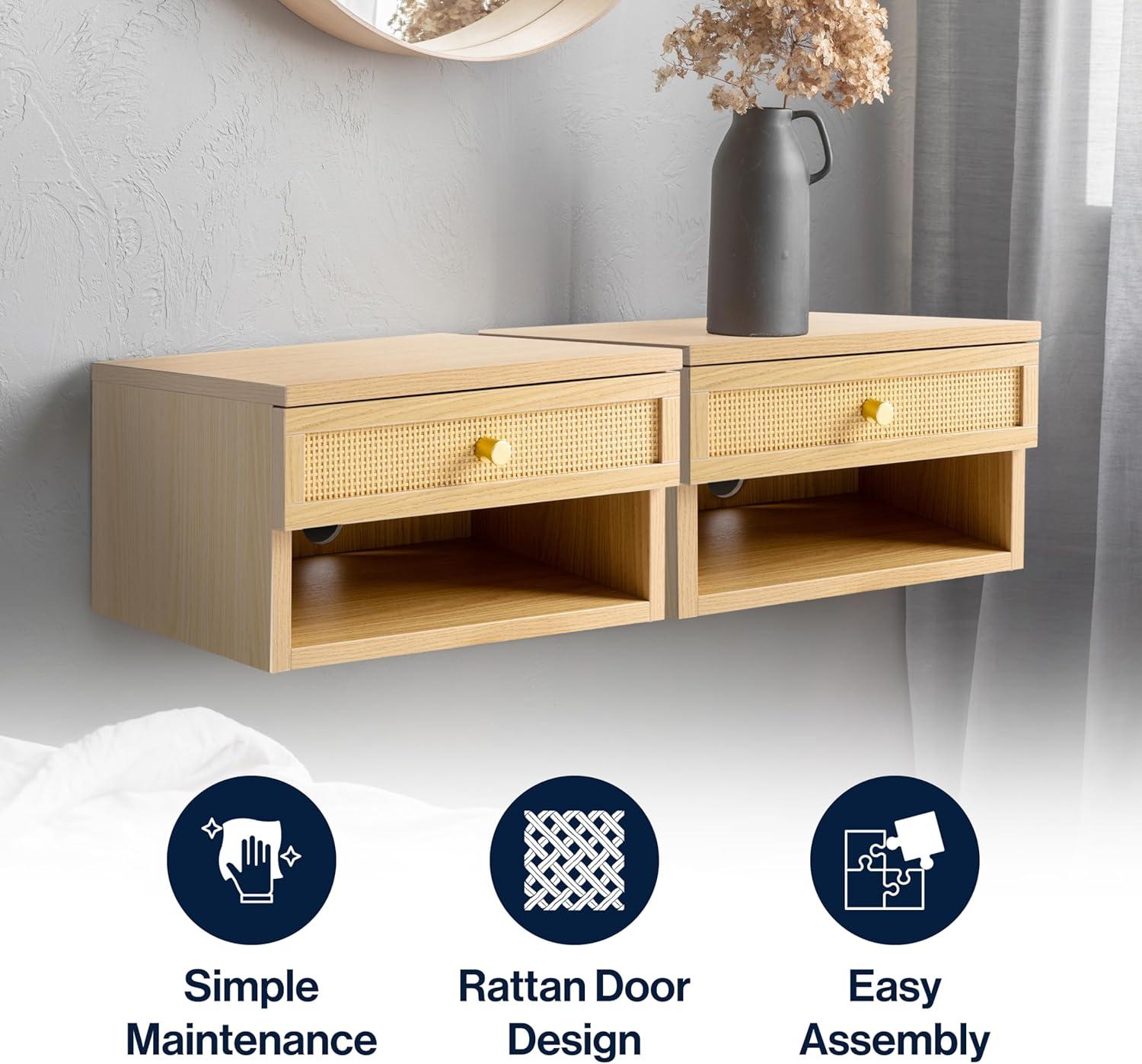 image:imageJONATHAN Y Ettore 1571 MidCentury Modern Floating Wall Mounted Nightstand with SoftClose Drawer and Cable Hole Dark Brown Set of 2 NST2002ASET2Light Oak