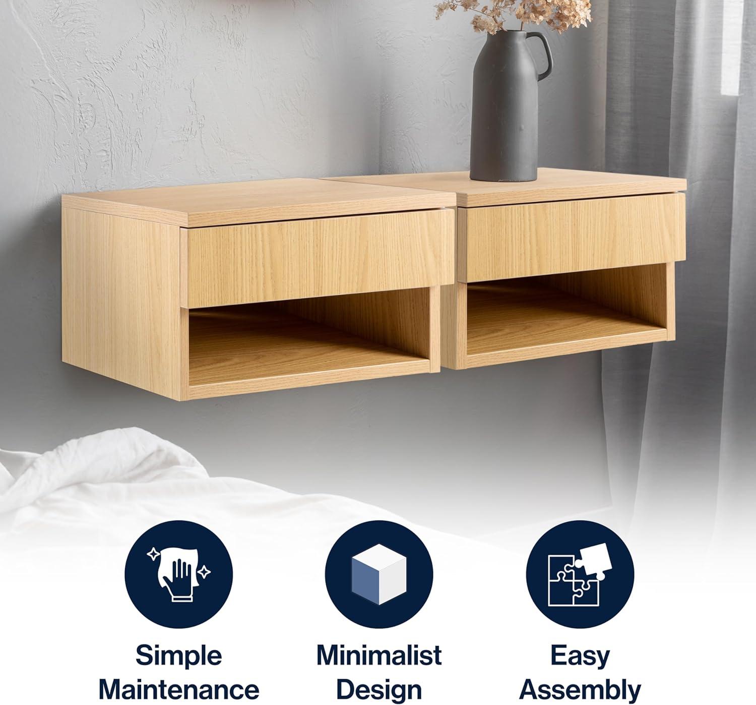 image:imageJONATHAN Y Ettore 1571 MidCentury Modern Floating Wall Mounted Nightstand with SoftClose Drawer and Cable Hole Dark Brown Set of 2 NST2002ASET2Light Oak