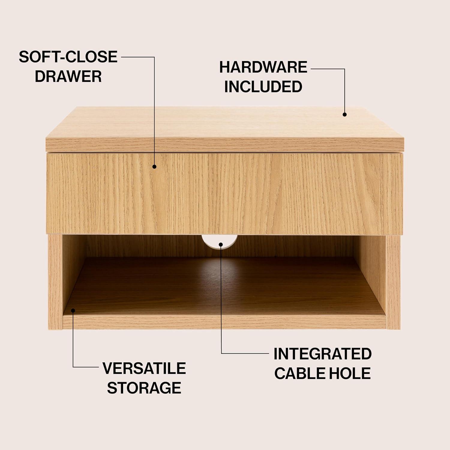 image:imageJONATHAN Y Ettore 1571 MidCentury Modern Floating Wall Mounted Nightstand with SoftClose Drawer and Cable Hole Dark Brown Set of 2 NST2002ASET2Light Oak