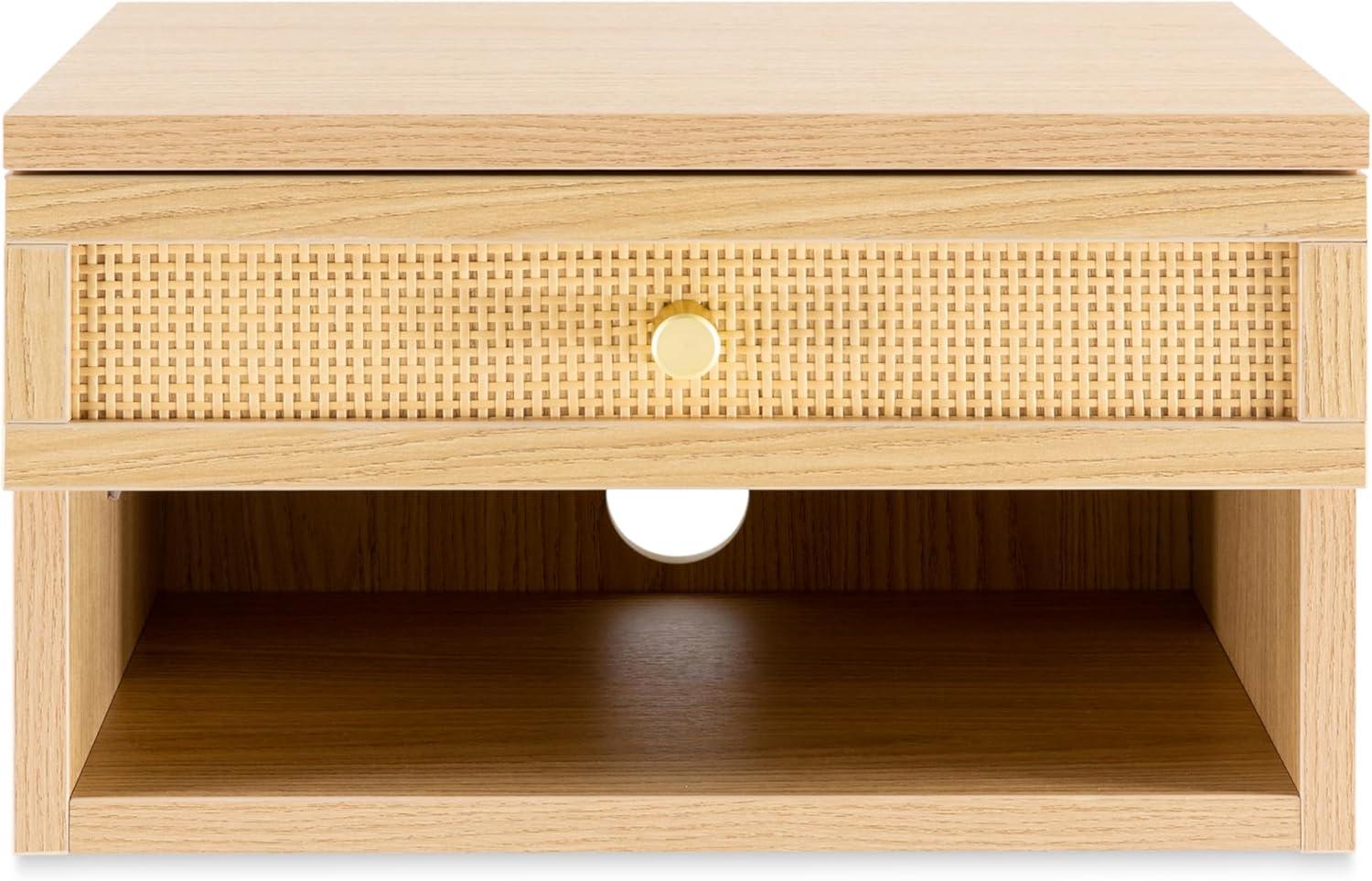 image:imageJONATHAN Y Ettore 1571 MidCentury Modern Floating Wall Mounted Nightstand with SoftClose Drawer and Cable Hole Dark Brown Set of 2 NST2002ASET2Light Oak