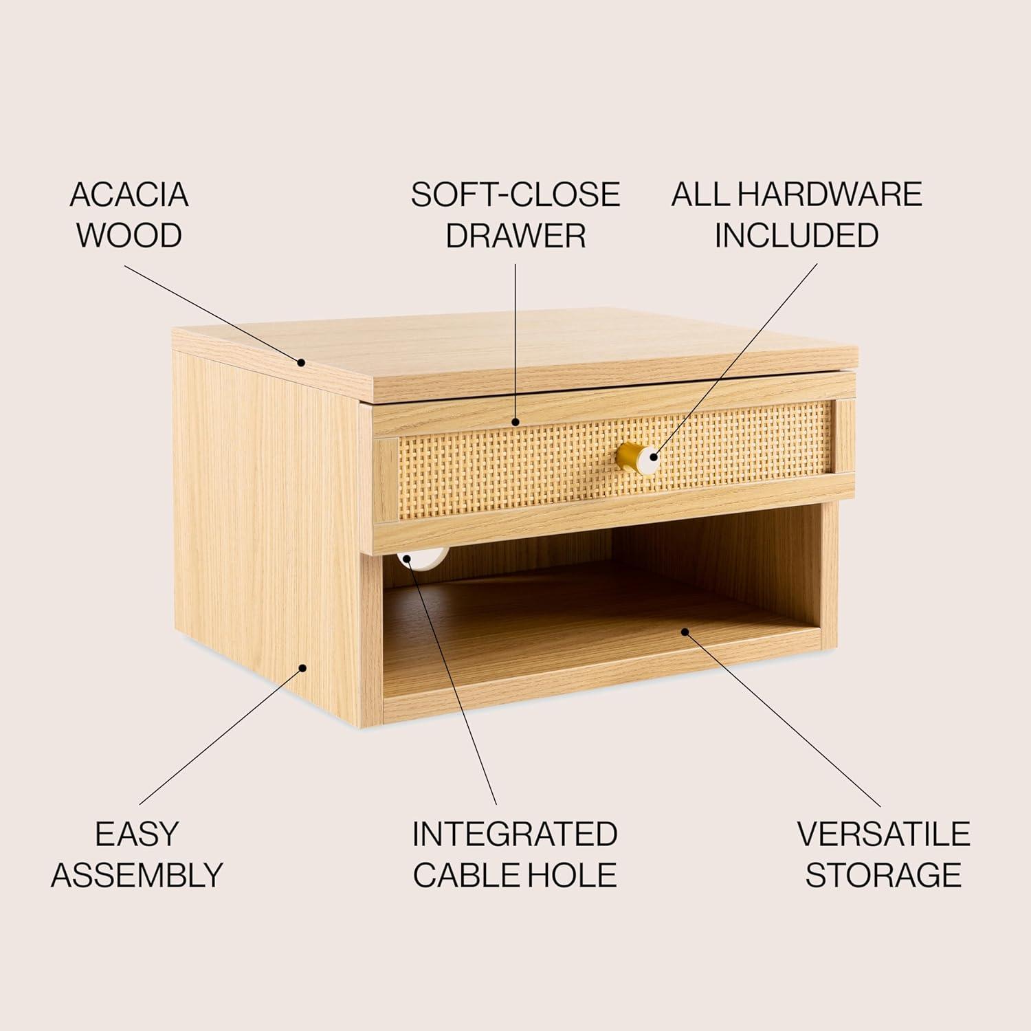 image:imageJONATHAN Y Ettore 1571 MidCentury Modern Floating Wall Mounted Nightstand with SoftClose Drawer and Cable Hole Dark Brown Set of 2 NST2002ASET2Light Oak