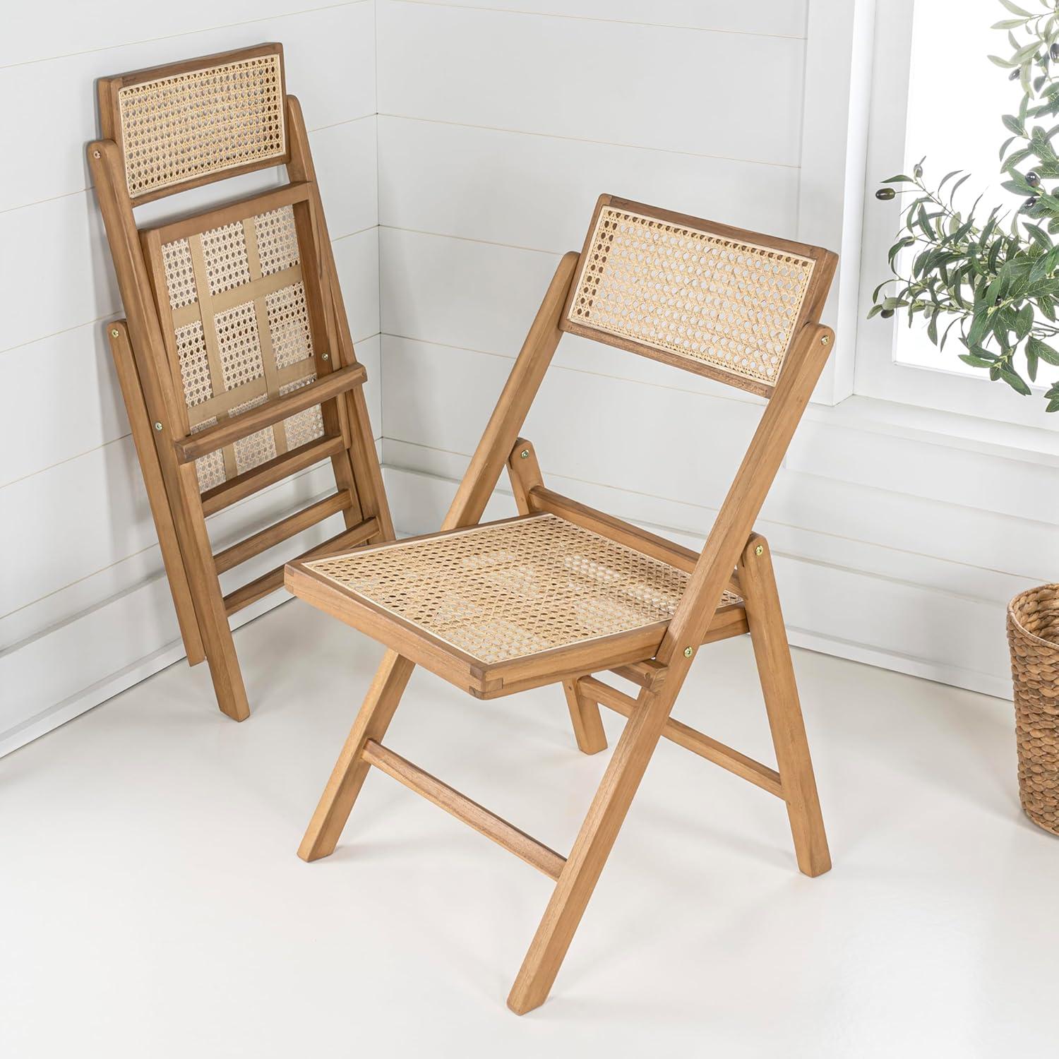image:imageJONATHAN Y MidCentury Vintage Wood Rattan Folding Chair Foldable Dining Accent Seat for Living Room Set of 2 Black FLD1000CSET2Light Brown