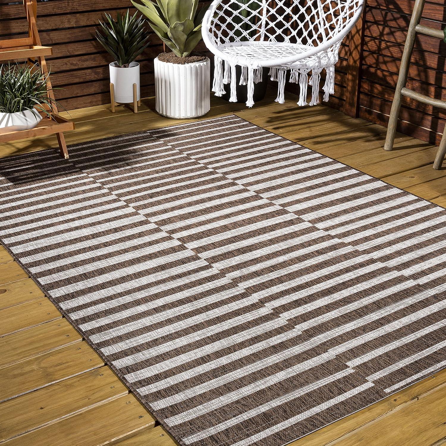 image:imageJONATHAN Y Offset Stripe Indoor Outdoor Area Rug 3X5 BlackIvory Sukie Modern for Backyard Patio Porch EasyCleaning High Traffic PetFriendly NonShedding SMB133F3BrownBeige