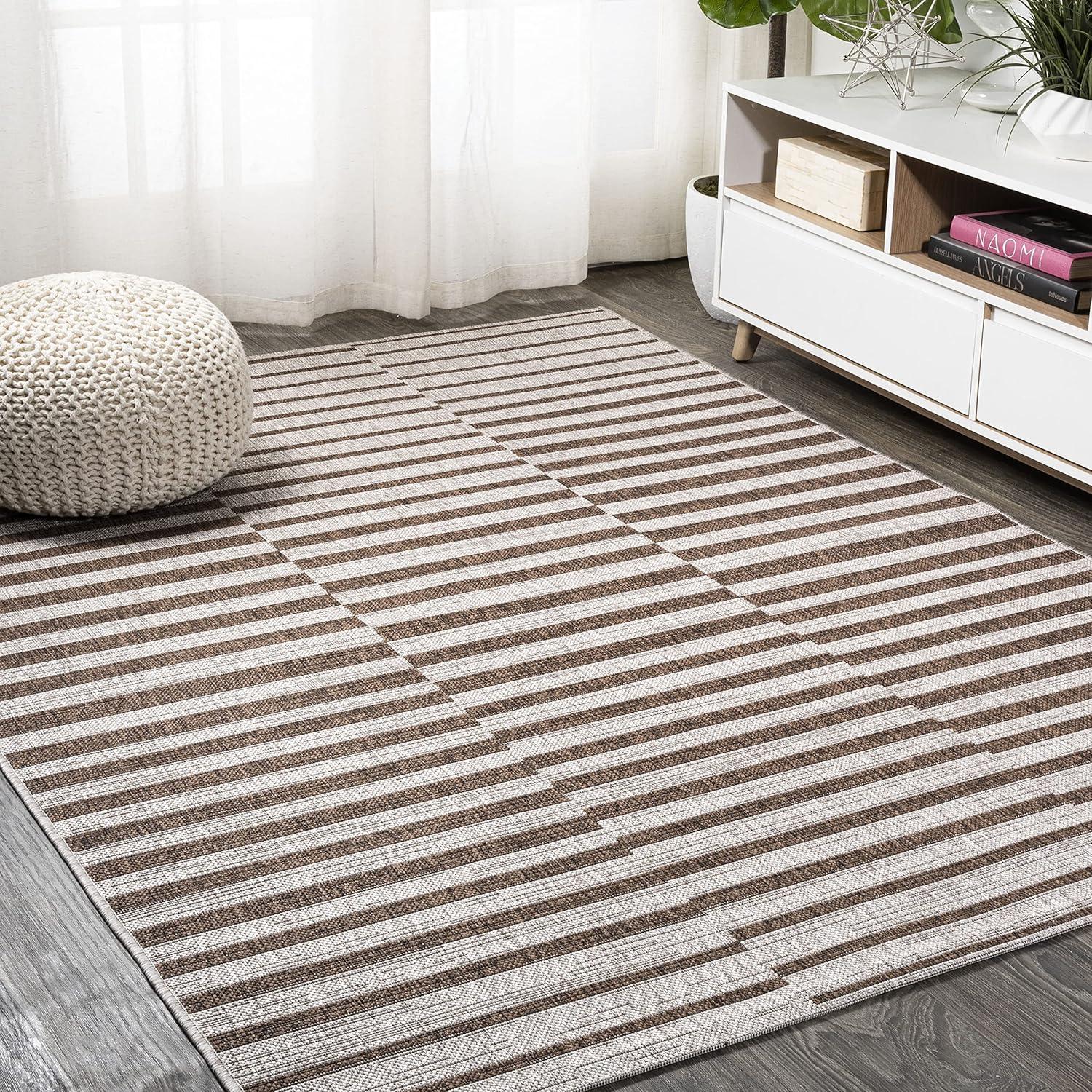 image:imageJONATHAN Y Offset Stripe Indoor Outdoor Area Rug 3X5 BlackIvory Sukie Modern for Backyard Patio Porch EasyCleaning High Traffic PetFriendly NonShedding SMB133F3BeigeBrown