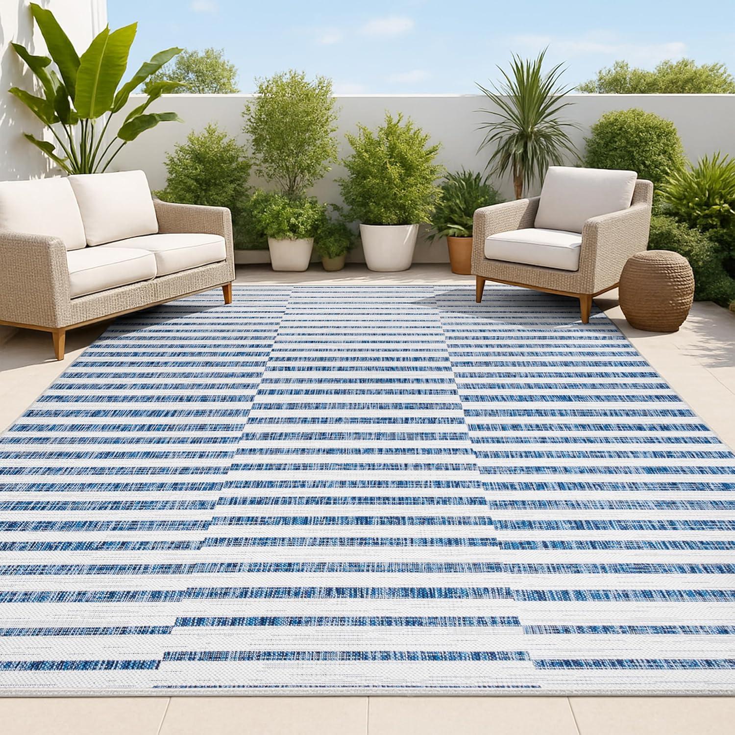 image:imageJONATHAN Y Offset Stripe Indoor Outdoor Area Rug 3X5 BlackIvory Sukie Modern for Backyard Patio Porch EasyCleaning High Traffic PetFriendly NonShedding SMB133F3IvoryBlue