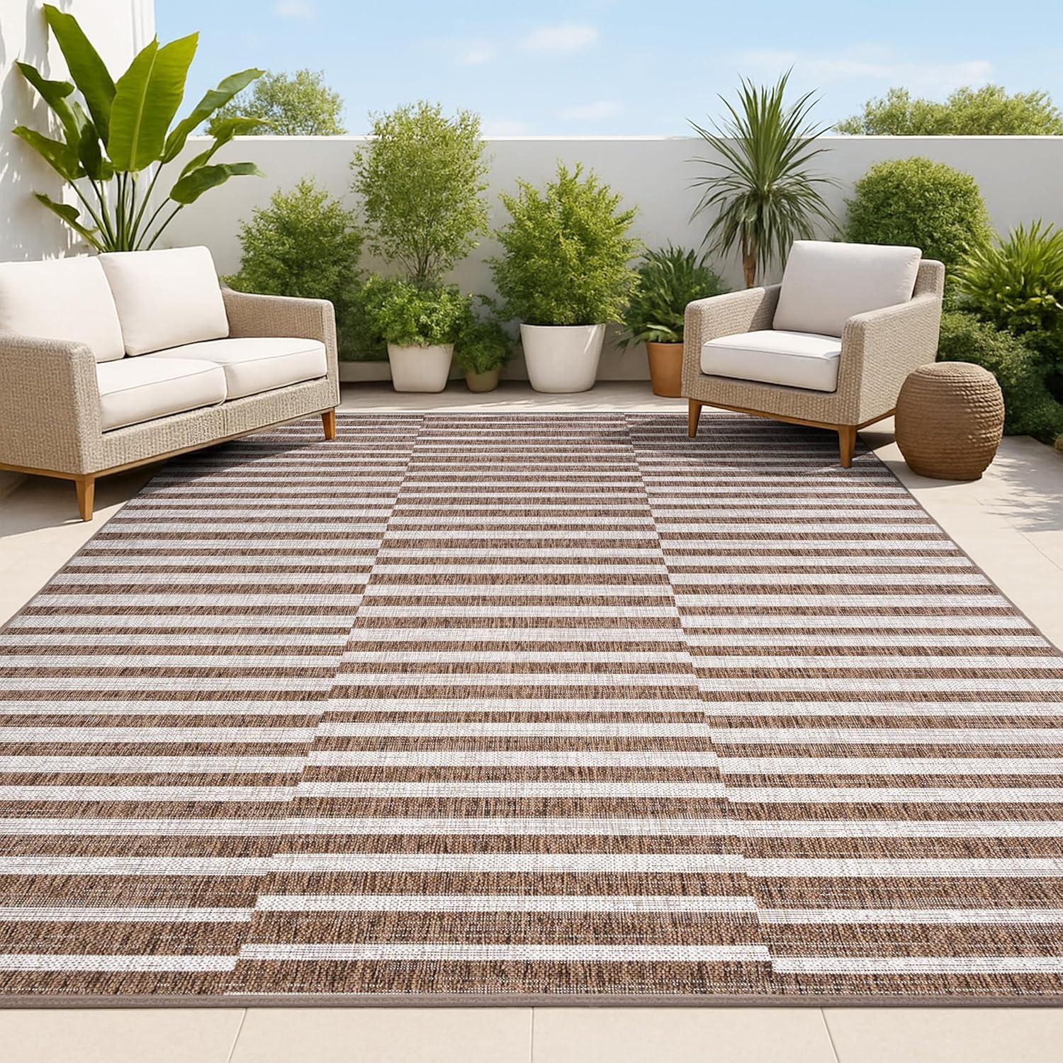 image:imageJONATHAN Y Offset Stripe Indoor Outdoor Area Rug 3X5 BlackIvory Sukie Modern for Backyard Patio Porch EasyCleaning High Traffic PetFriendly NonShedding SMB133F3BrownBeige