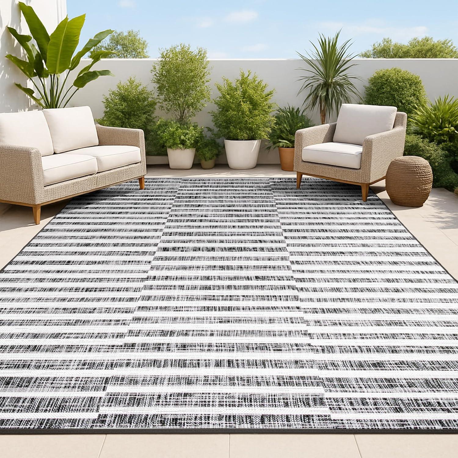 image:imageJONATHAN Y Offset Stripe Indoor Outdoor Area Rug 3X5 BlackIvory Sukie Modern for Backyard Patio Porch EasyCleaning High Traffic PetFriendly NonShedding SMB133F3BlackIvory