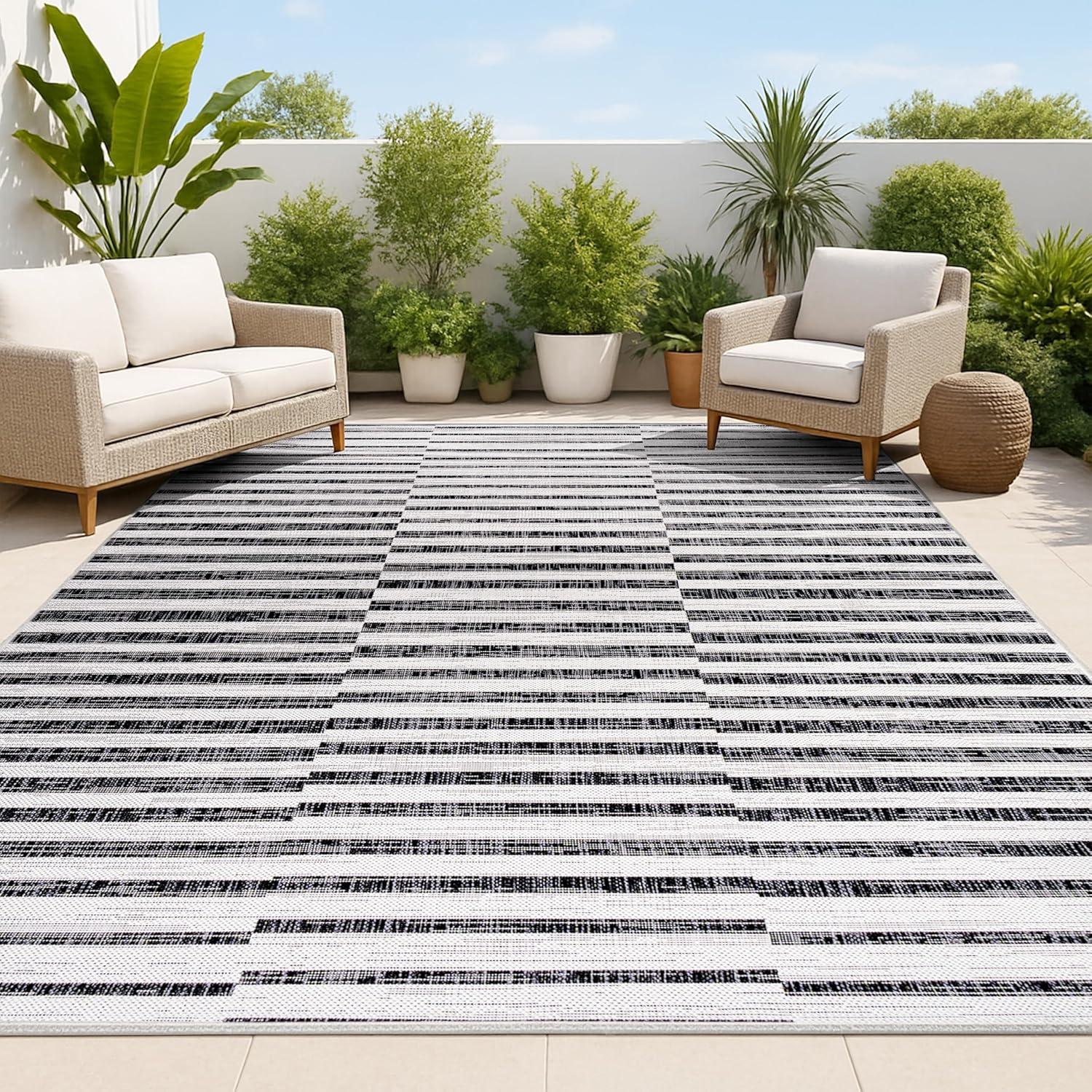 image:imageJONATHAN Y Offset Stripe Indoor Outdoor Area Rug 3X5 BlackIvory Sukie Modern for Backyard Patio Porch EasyCleaning High Traffic PetFriendly NonShedding SMB133F3IvoryBlack