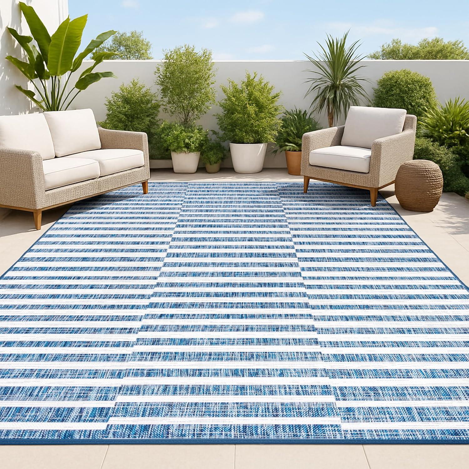 image:imageJONATHAN Y Offset Stripe Indoor Outdoor Area Rug 3X5 BlackIvory Sukie Modern for Backyard Patio Porch EasyCleaning High Traffic PetFriendly NonShedding SMB133F3BlueIvory