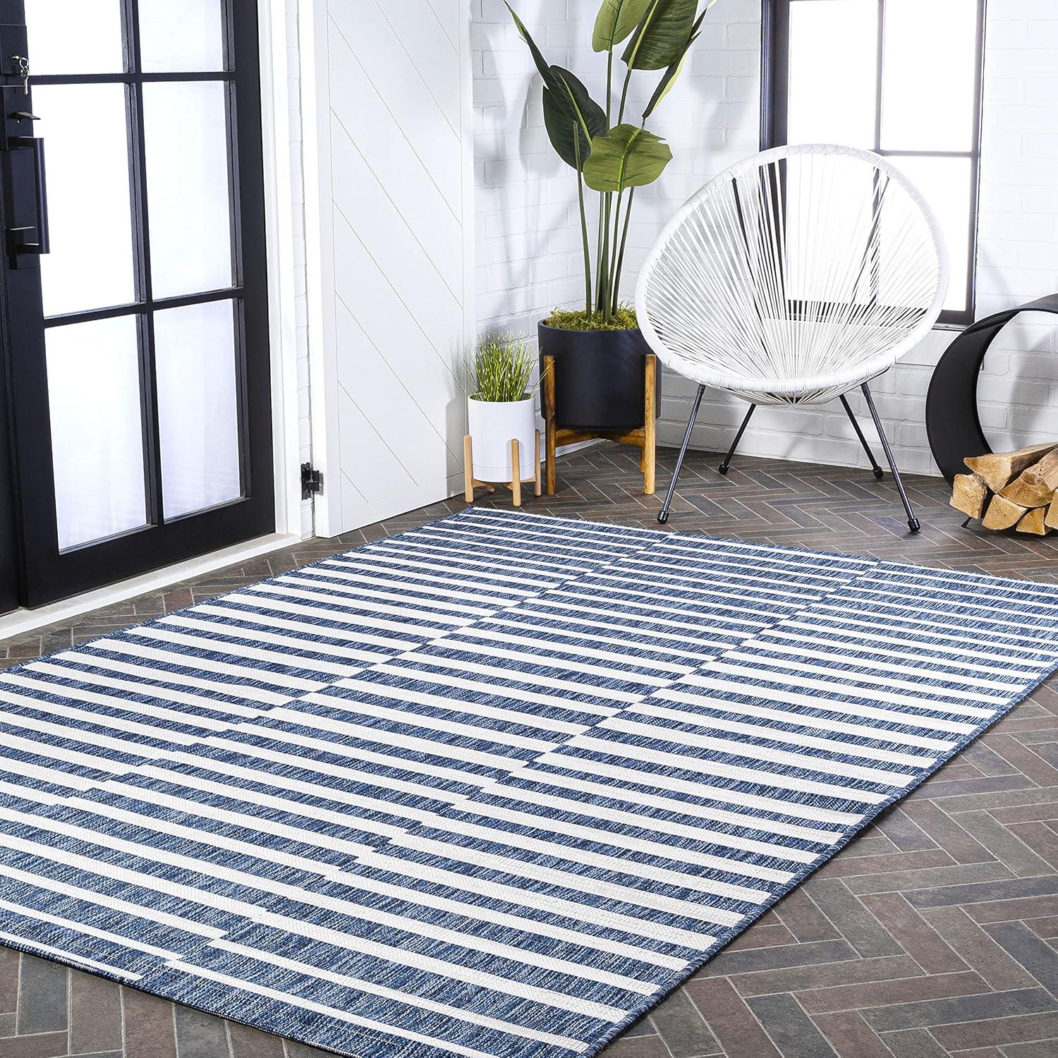 image:imageJONATHAN Y Offset Stripe Indoor Outdoor Area Rug 3X5 BlackIvory Sukie Modern for Backyard Patio Porch EasyCleaning High Traffic PetFriendly NonShedding SMB133F3BlueIvory