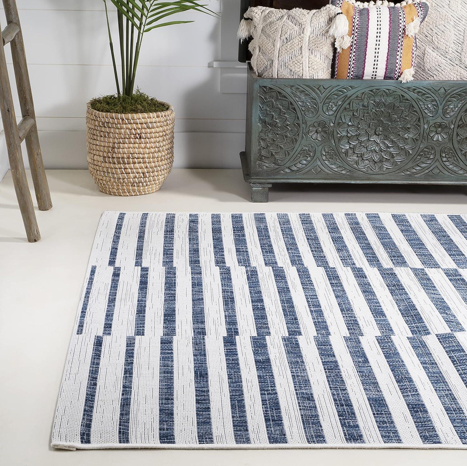image:imageJONATHAN Y Offset Stripe Indoor Outdoor Area Rug 3X5 BlackIvory Sukie Modern for Backyard Patio Porch EasyCleaning High Traffic PetFriendly NonShedding SMB133F3IvoryBlue