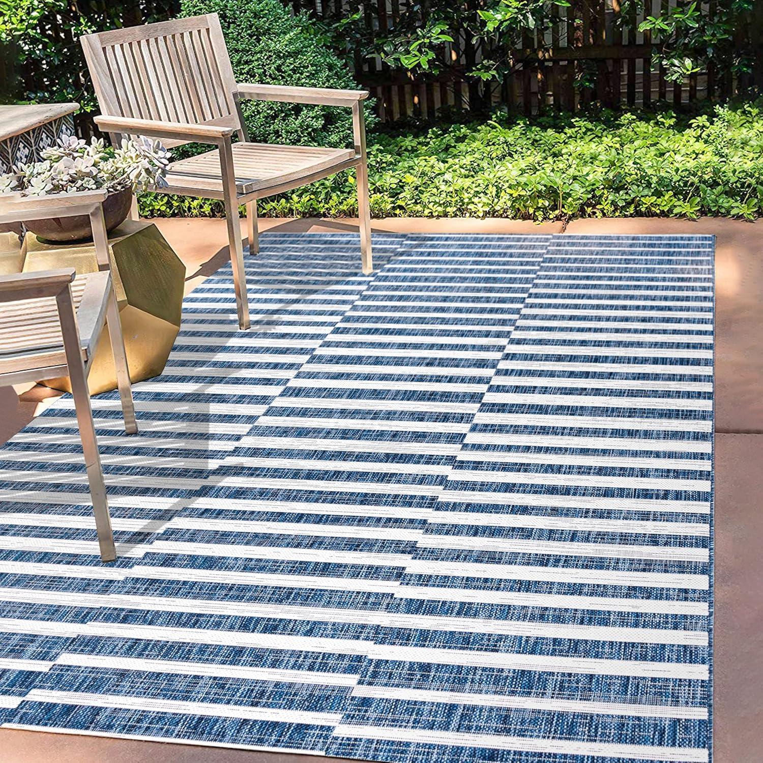 image:imageJONATHAN Y Offset Stripe Indoor Outdoor Area Rug 3X5 BlackIvory Sukie Modern for Backyard Patio Porch EasyCleaning High Traffic PetFriendly NonShedding SMB133F3BlueIvory