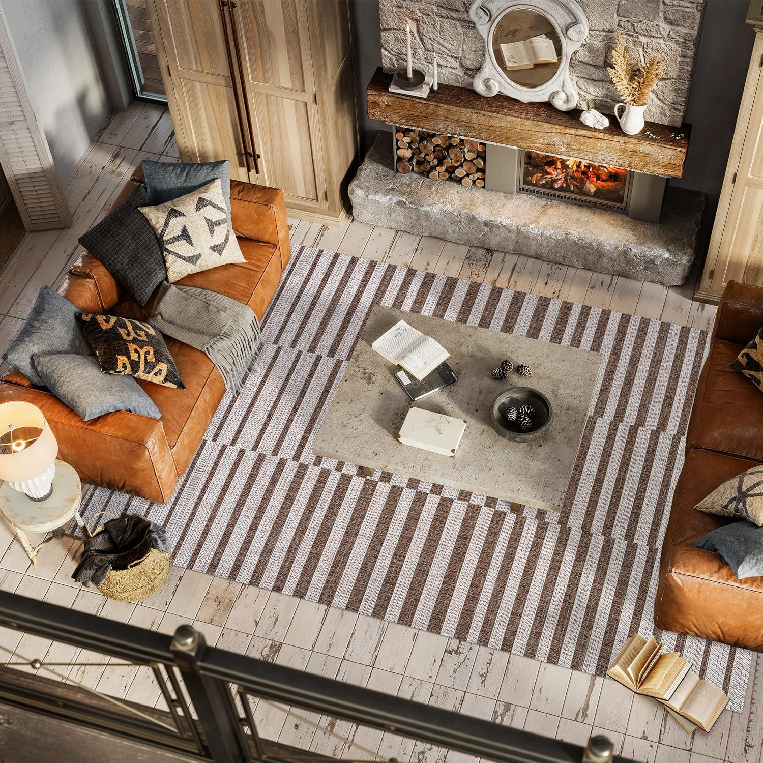 image:imageJONATHAN Y Offset Stripe Indoor Outdoor Area Rug 3X5 BlackIvory Sukie Modern for Backyard Patio Porch EasyCleaning High Traffic PetFriendly NonShedding SMB133F3BeigeBrown