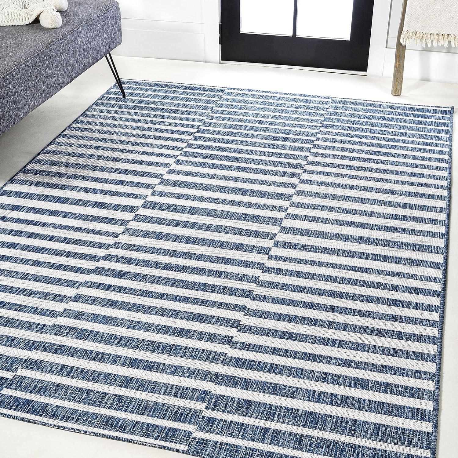 image:imageJONATHAN Y Offset Stripe Indoor Outdoor Area Rug 3X5 BlackIvory Sukie Modern for Backyard Patio Porch EasyCleaning High Traffic PetFriendly NonShedding SMB133F3BlueIvory