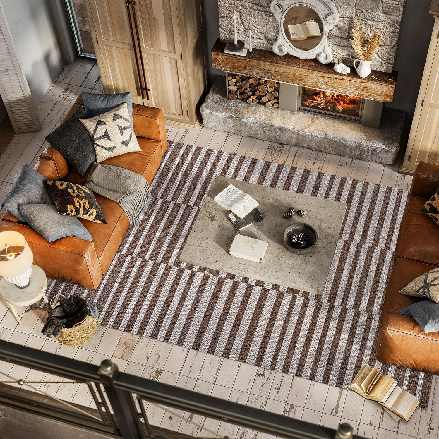 image:imageJONATHAN Y Offset Stripe Indoor Outdoor Area Rug 3X5 BlackIvory Sukie Modern for Backyard Patio Porch EasyCleaning High Traffic PetFriendly NonShedding SMB133F3BrownBeige