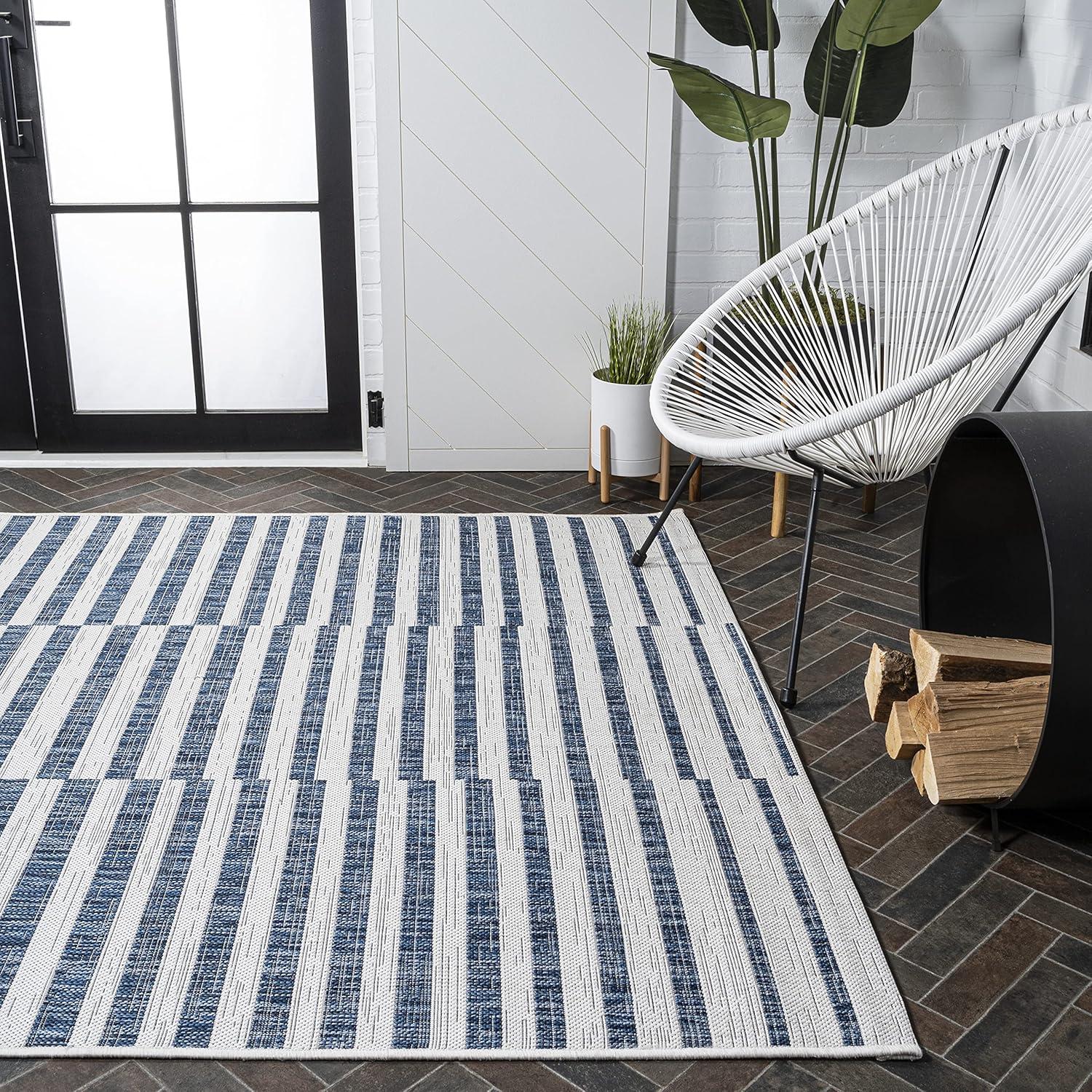 image:imageJONATHAN Y Offset Stripe Indoor Outdoor Area Rug 3X5 BlackIvory Sukie Modern for Backyard Patio Porch EasyCleaning High Traffic PetFriendly NonShedding SMB133F3IvoryBlue