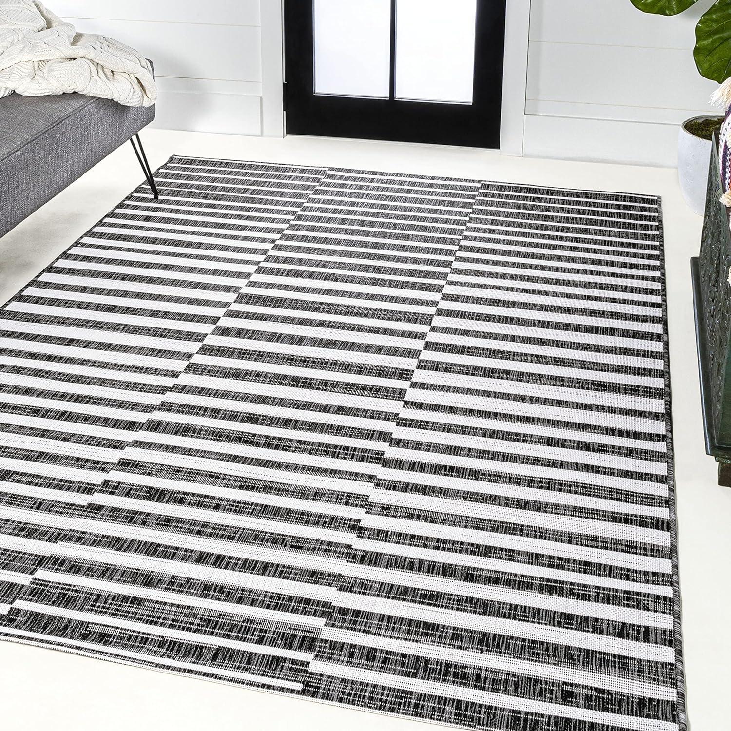 image:imageJONATHAN Y Offset Stripe Indoor Outdoor Area Rug 3X5 BlackIvory Sukie Modern for Backyard Patio Porch EasyCleaning High Traffic PetFriendly NonShedding SMB133F3BlackIvory