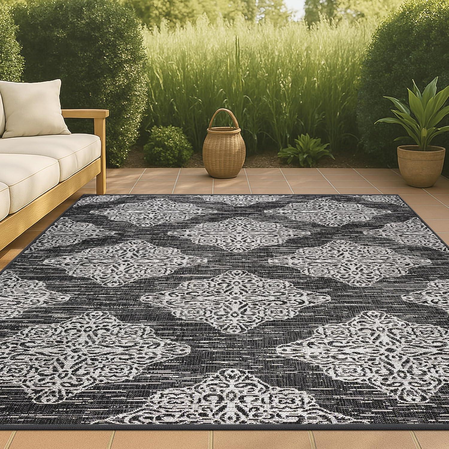 image:imageJONATHAN Y Ornate Medallions Indoor Outdoor Area Rug 3X5 NavyBeige Tuscany for Backyard Patio Porch EasyCleaning High Traffic PetFriendly NonShedding SMB121A3BlackIvory