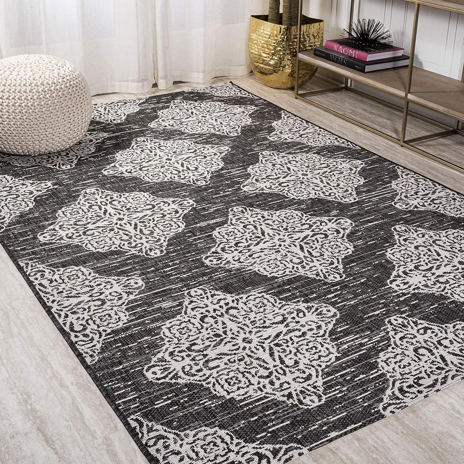 image:imageJONATHAN Y Ornate Medallions Indoor Outdoor Area Rug 3X5 NavyBeige Tuscany for Backyard Patio Porch EasyCleaning High Traffic PetFriendly NonShedding SMB121A3BlackIvory