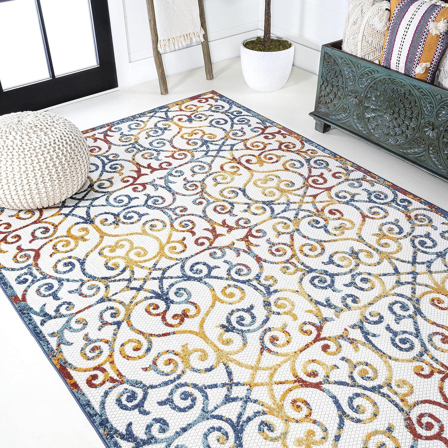 image:imageJONATHAN Y Scroll Trellis Indoor Outdoor Area Rug 3X5 CreamBlueRed Atrani for Backyard Patio Porch EasyCleaning High Traffic PetFriendly NonShedding AMC110A33 x 5 Rectangular