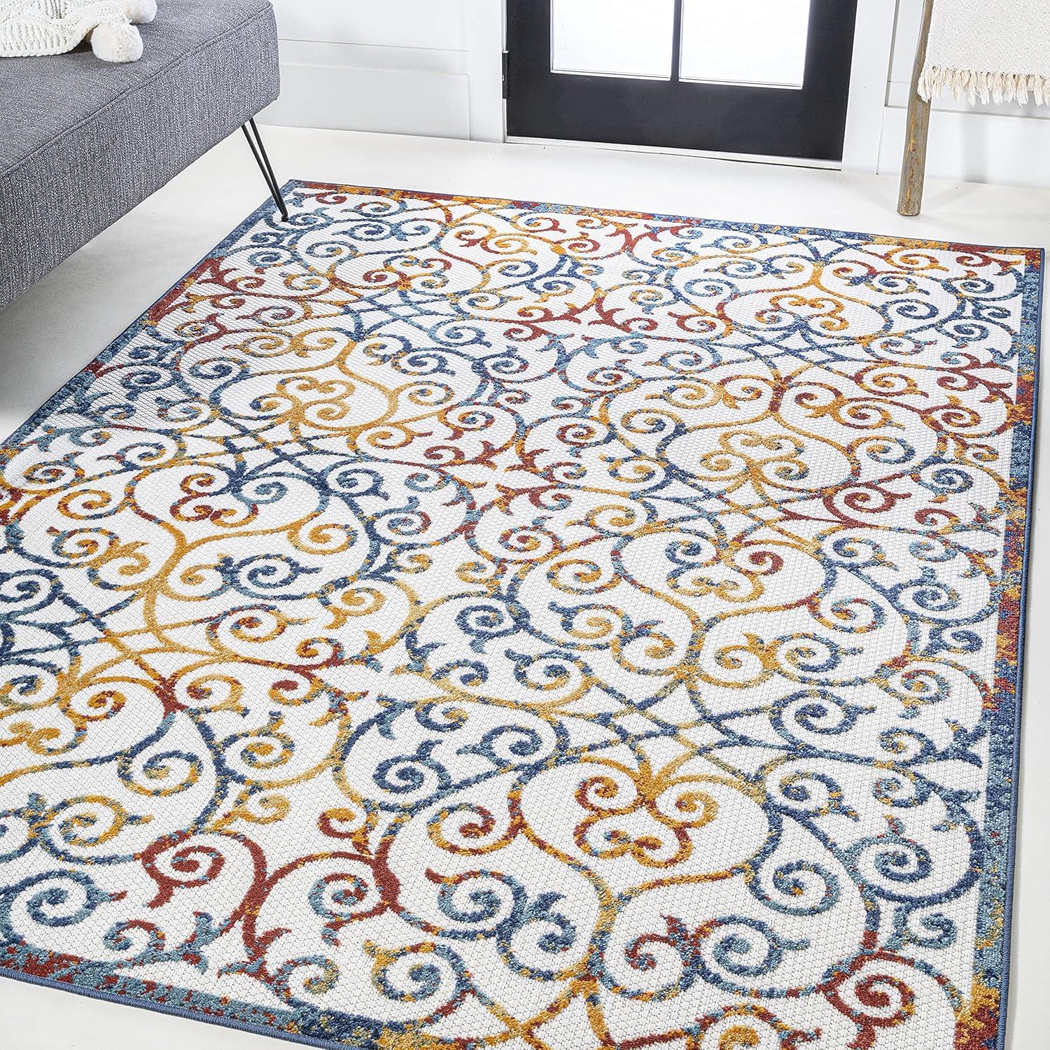 image:imageJONATHAN Y Scroll Trellis Indoor Outdoor Area Rug 3X5 CreamBlueRed Atrani for Backyard Patio Porch EasyCleaning High Traffic PetFriendly NonShedding AMC110A378 x 10 Rectangular