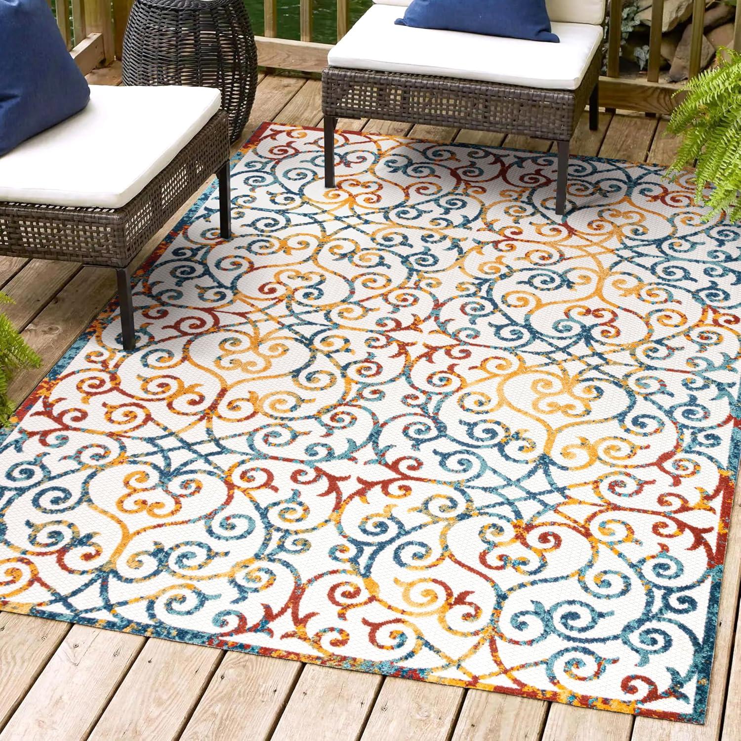 image:imageJONATHAN Y Scroll Trellis Indoor Outdoor Area Rug 3X5 CreamBlueRed Atrani for Backyard Patio Porch EasyCleaning High Traffic PetFriendly NonShedding AMC110A378 x 10 Rectangular