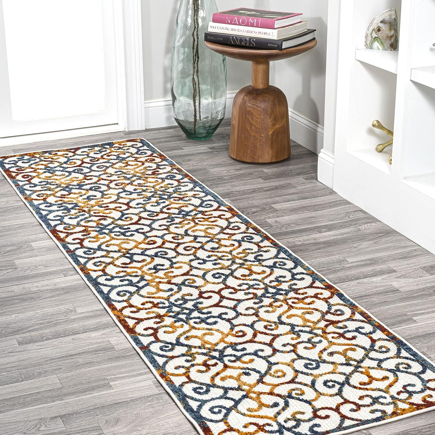 image:imageJONATHAN Y Scroll Trellis Indoor Outdoor Area Rug 3X5 CreamBlueRed Atrani for Backyard Patio Porch EasyCleaning High Traffic PetFriendly NonShedding AMC110A323 x 8 Runner