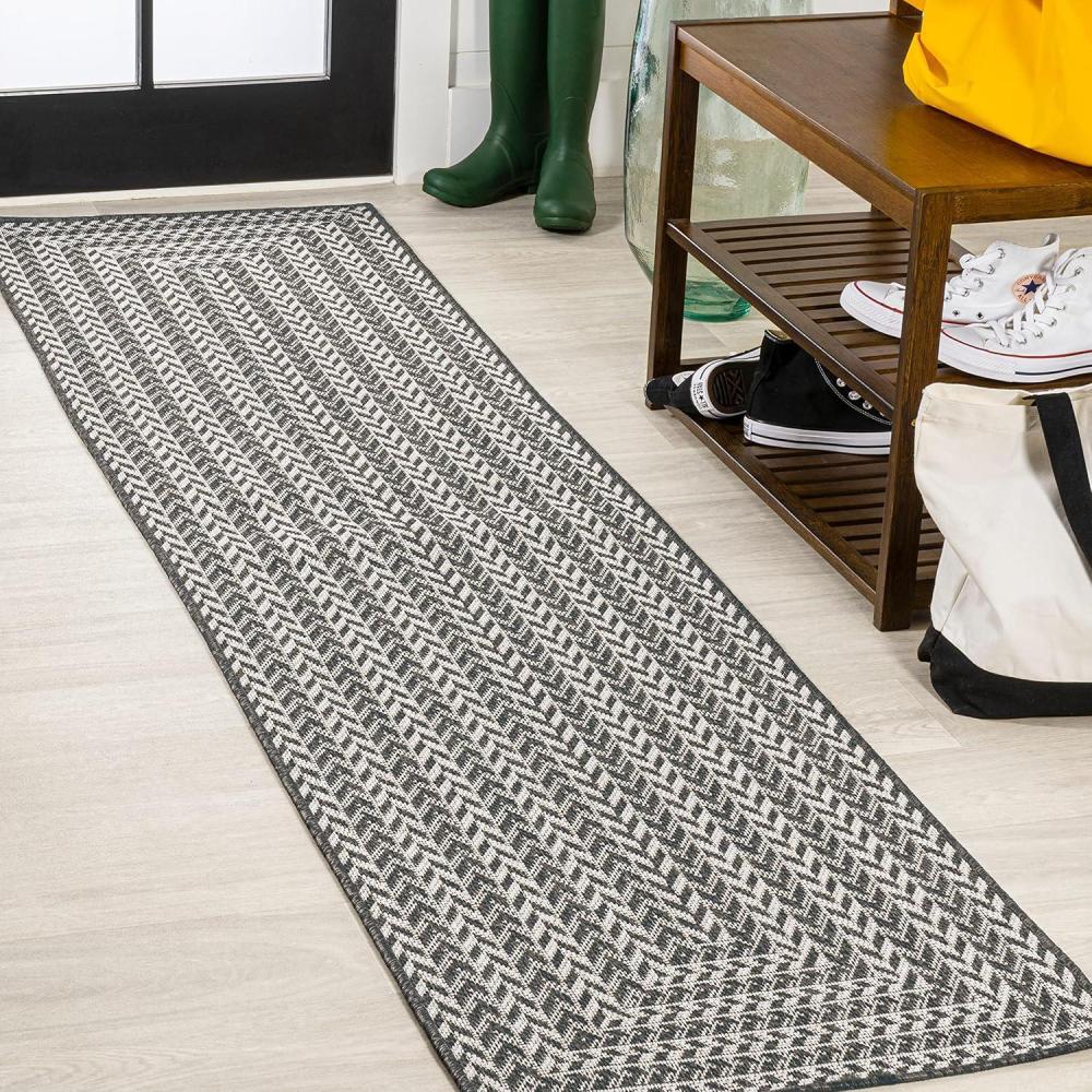 image:imageJONATHAN Y Concentric Squares Indoor Outdoor Area Rug 3X5 BlackLight Gray Chevron Modern for Backyard Patio Porch EasyCleaning High Traffic PetFriendly NonShedding SMB206B3BlackLight Gray
