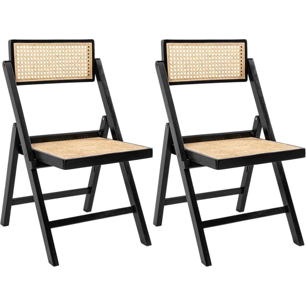 image:imageJONATHAN Y MidCentury Vintage Wood Rattan Folding Chair Foldable Dining Accent Seat for Living Room Set of 2 Black FLD1000CSET2Black