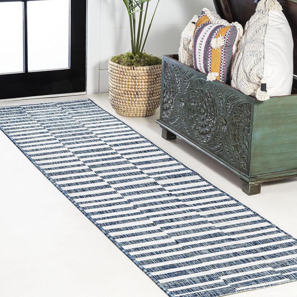 image:imageJONATHAN Y Offset Stripe Indoor Outdoor Area Rug 3X5 BlackIvory Sukie Modern for Backyard Patio Porch EasyCleaning High Traffic PetFriendly NonShedding SMB133F3BlueIvory