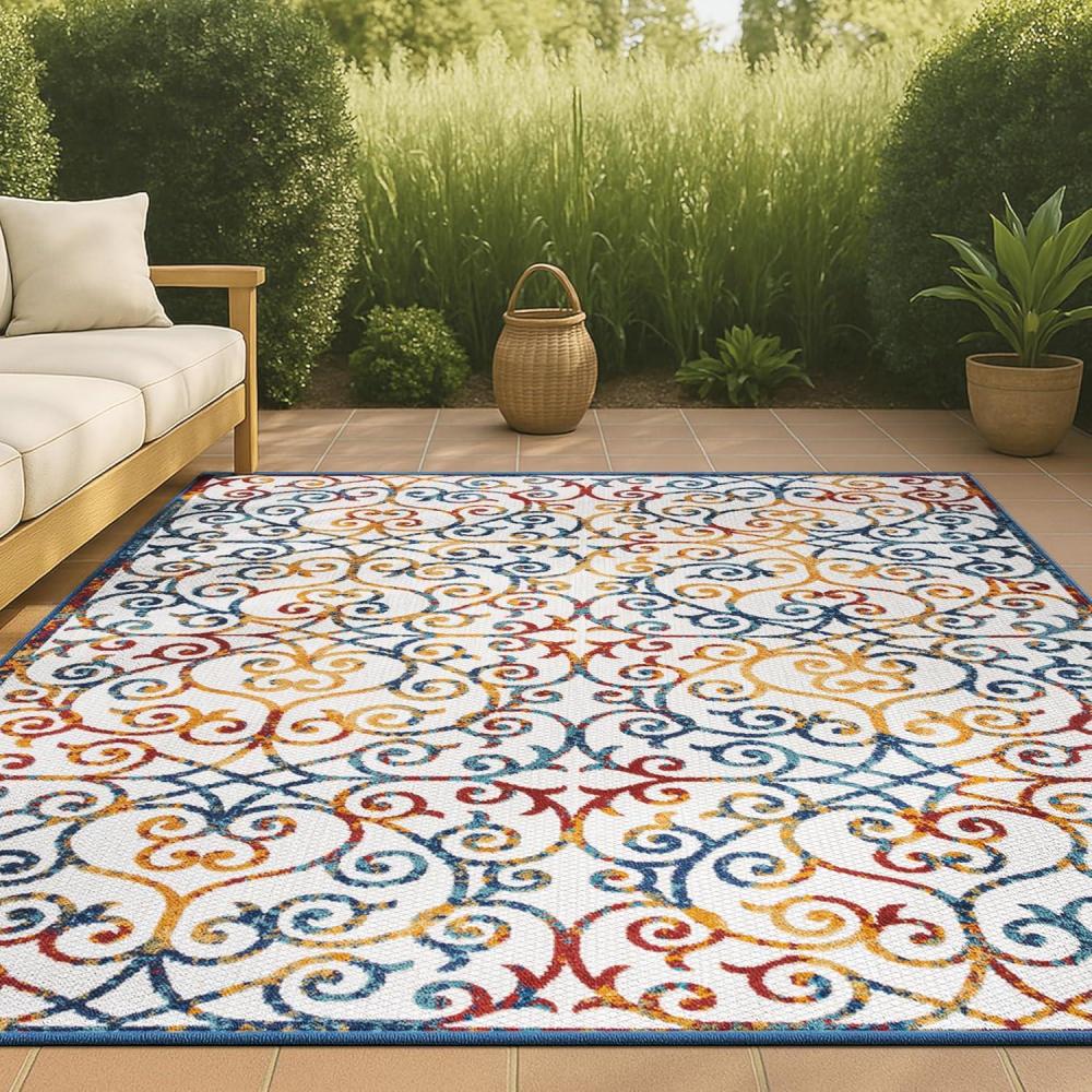 image:imageJONATHAN Y Scroll Trellis Indoor Outdoor Area Rug 3X5 CreamBlueRed Atrani for Backyard Patio Porch EasyCleaning High Traffic PetFriendly NonShedding AMC110A378 x 10 Rectangular