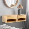 JONATHAN Y Ettore 15.71″ Mid-Century Modern Floating Wall Mounted Nightstand with Soft-Close Drawer and Cable Hole, Dark Brown (Set of 2) (NST2002A-SET2)(Light Oak)
