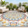 JONATHAN Y Abstract Bold Mandala Indoor Outdoor Area Rug 3X5 Red/Blue/Yellow, Flora High-Low for Backyard, Patio, Porch, Easy-Cleaning, High Traffic, Pet-Friendly, Non-Shedding (AMC112A-3)(5’3″ x 7’7″ (Rectangular))