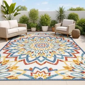 JONATHAN Y Abstract Bold Mandala Indoor Outdoor Area Rug 3X5 Red/Blue/Yellow, Flora High-Low for Backyard, Patio, Porch, Easy-Cleaning, High Traffic, Pet-Friendly, Non-Shedding (AMC112A-3)(5’3″ x 7’7″ (Rectangular))