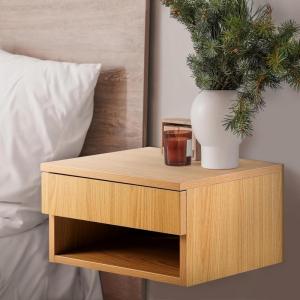 JONATHAN Y Ettore 15.71″ Mid-Century Modern Floating Wall Mounted Nightstand with Soft-Close Drawer and Cable Hole, Dark Brown (Set of 2) (NST2002A-SET2)(Light Oak)