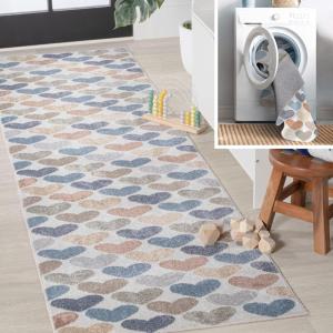 JONATHAN Y Machine-Washable Cream/Multi Runner Rug, 2×8, Kingdarr T-Rex Modern, Casual, Kids & Novelty for Living Room, Dining Room, Bedroom, Kitchen Easy-Cleaning, Non-Shedding (KDW103A-28)(Ivory/Blue/Orange Hearts)
