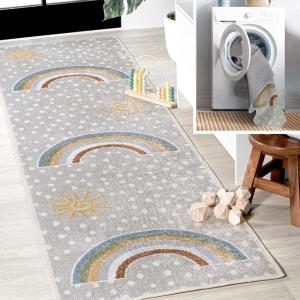 JONATHAN Y Machine-Washable Cream/Multi Runner Rug, 2×8, Kingdarr T-Rex Modern, Casual, Kids & Novelty for Living Room, Dining Room, Bedroom, Kitchen Easy-Cleaning, Non-Shedding (KDW103A-28)(Gray/Ivory/Yellow)