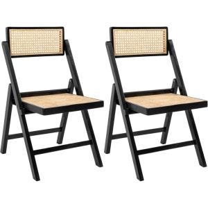 JONATHAN Y Mid-Century Vintage Wood Rattan Folding Chair, Foldable Dining Accent Seat for Living Room, Set of 2, Black (FLD1000C-SET2)(Black)
