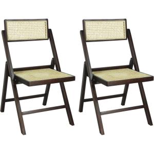 JONATHAN Y Mid-Century Vintage Wood Rattan Folding Chair, Foldable Dining Accent Seat for Living Room, Set of 2, Black (FLD1000C-SET2)(Dark Brown)