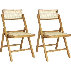JONATHAN Y Mid-Century Vintage Wood Rattan Folding Chair, Foldable Dining Accent Seat for Living Room, Set of 2, Black (FLD1000C-SET2)(Light Brown)