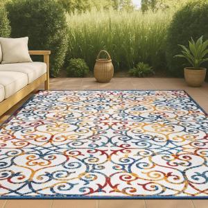 JONATHAN Y Scroll Trellis Indoor Outdoor Area Rug 3X5 Cream/Blue/Red, Atrani for Backyard, Patio, Porch, Easy-Cleaning, High Traffic, Pet-Friendly, Non-Shedding (AMC110A-3)(5’3″ x 7’6″ (Rectangular))
